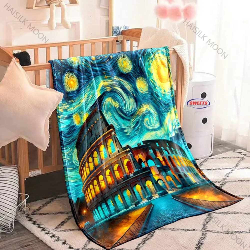 Coperta calda stampata di lusso con motivo classico del Colosseo romano, morbida e leggera per divano e letto, accogliente e comoda per tutte le stagioni