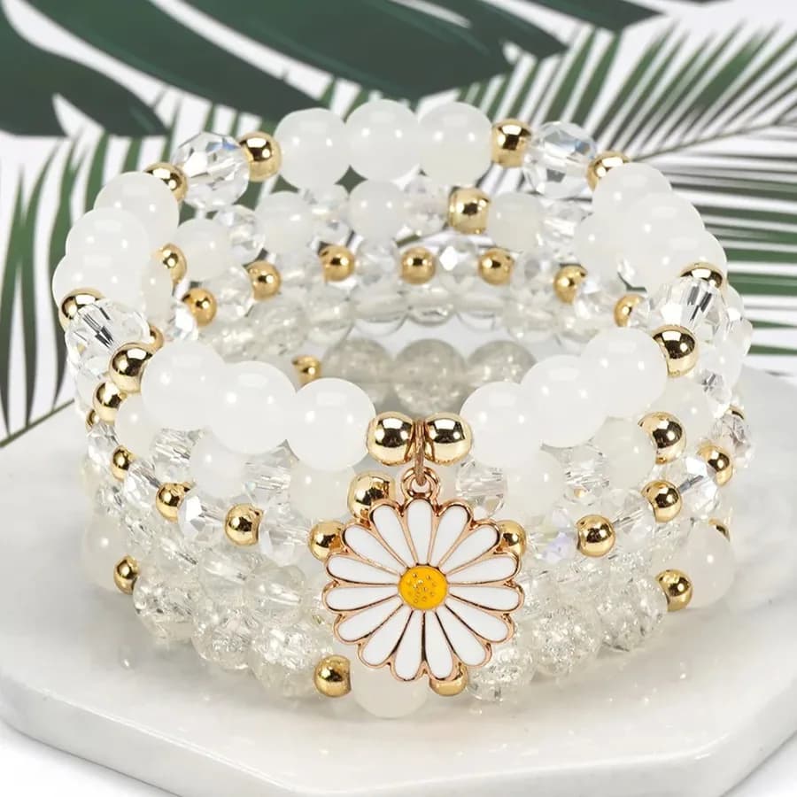 Bohemian Daisy Flower Charm Colorful Crystal Beaded Bracelet Set for Women Summer Beach Hand Jewelry Accessory Boho Wrsit Chain