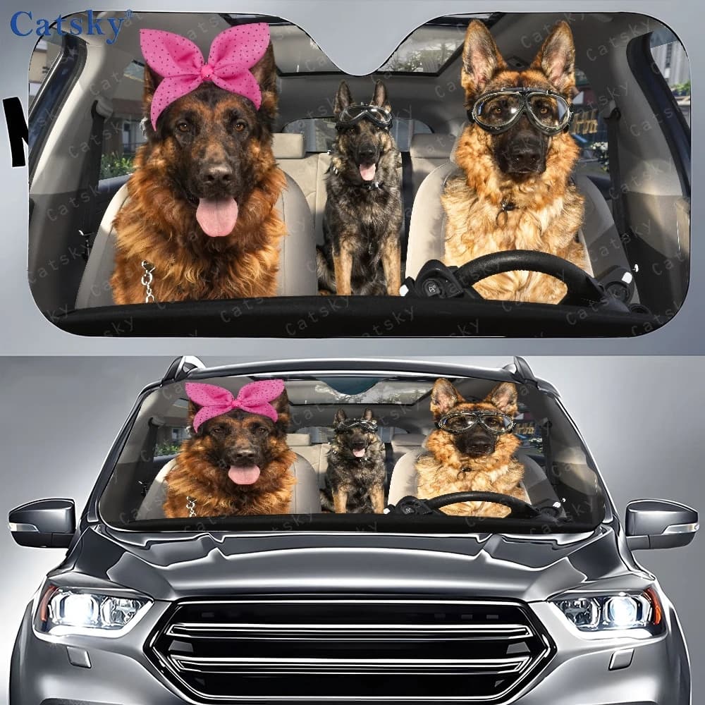 Parasole per auto con immagine di tre cani sul sedile posteriore, parasole per finestrino anteriore dell'auto