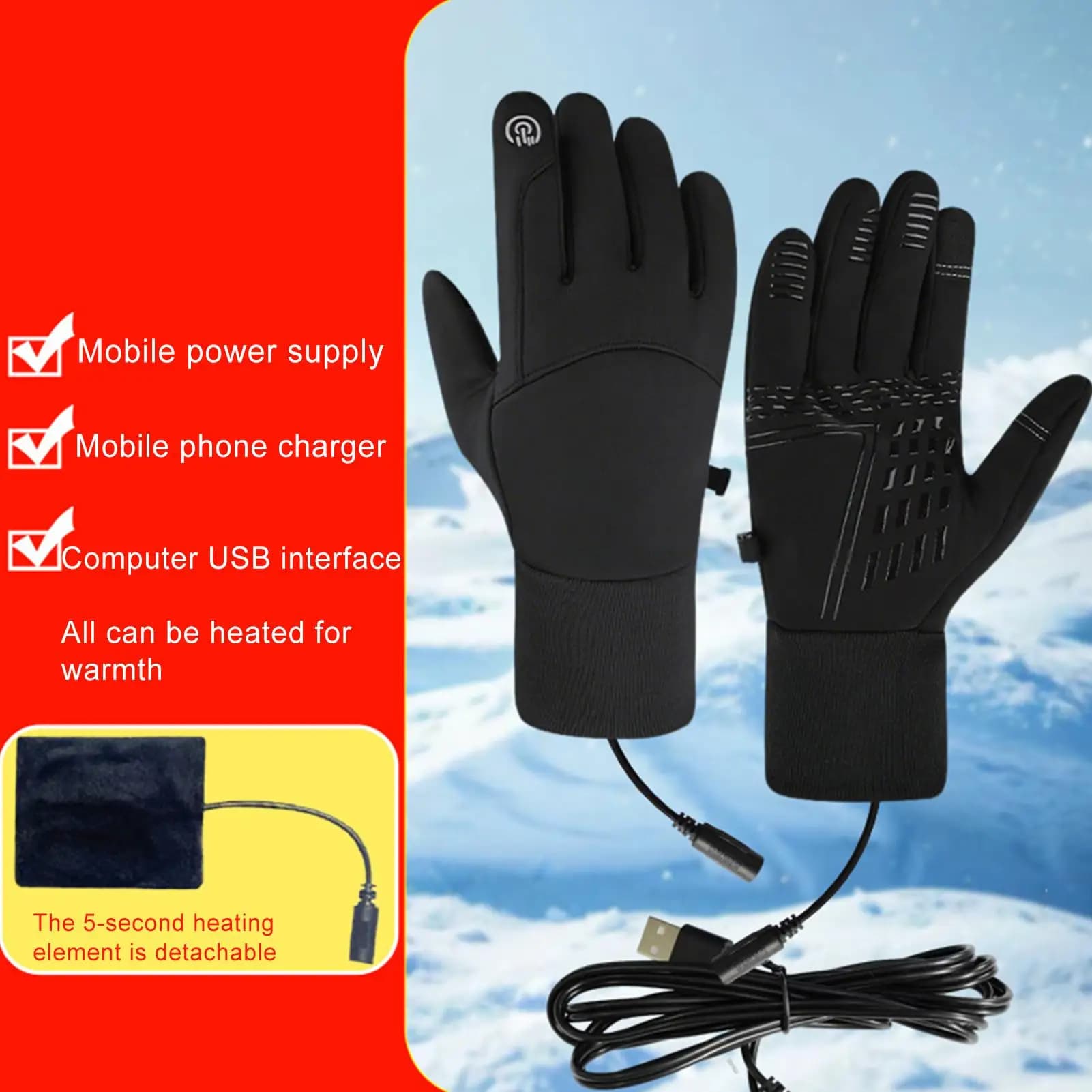 Plug in Electric Heated Gloves with USB Port Screen Touch Warm Thermal Mittens for Winter Skiing Cycling Hiking Heating Mitts