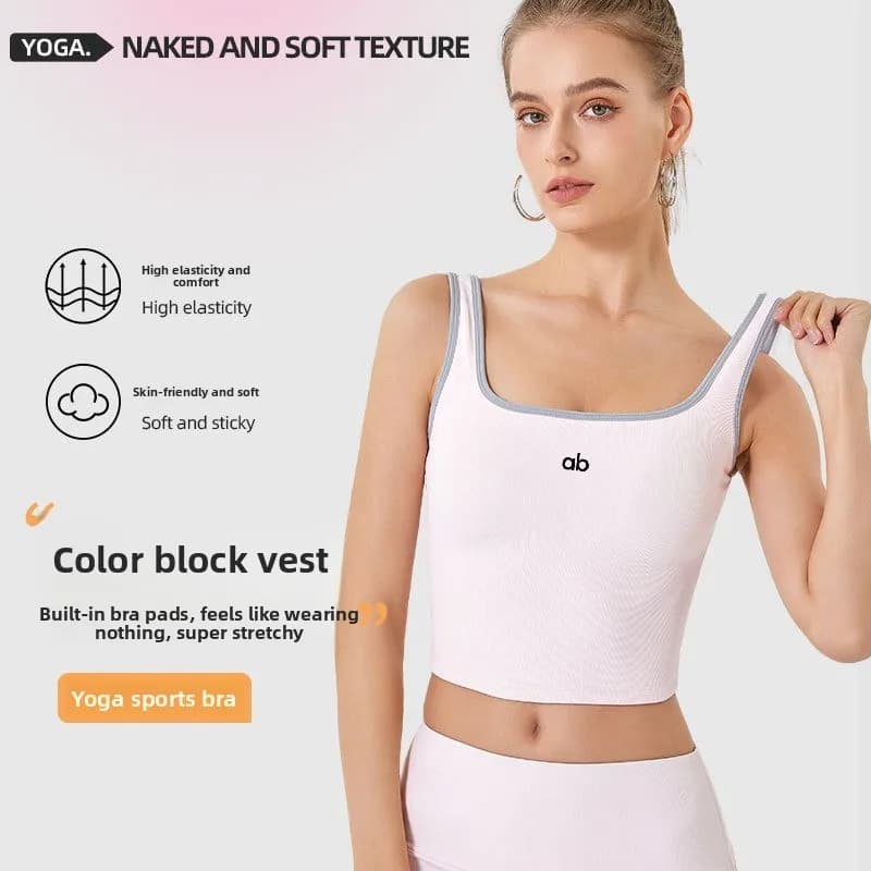 Women Summer Ribbed Yoga Tank Top Built‑in Pads Strap Shockproof Push‑up Sports Bra For Gym Pilates Workout Activewear