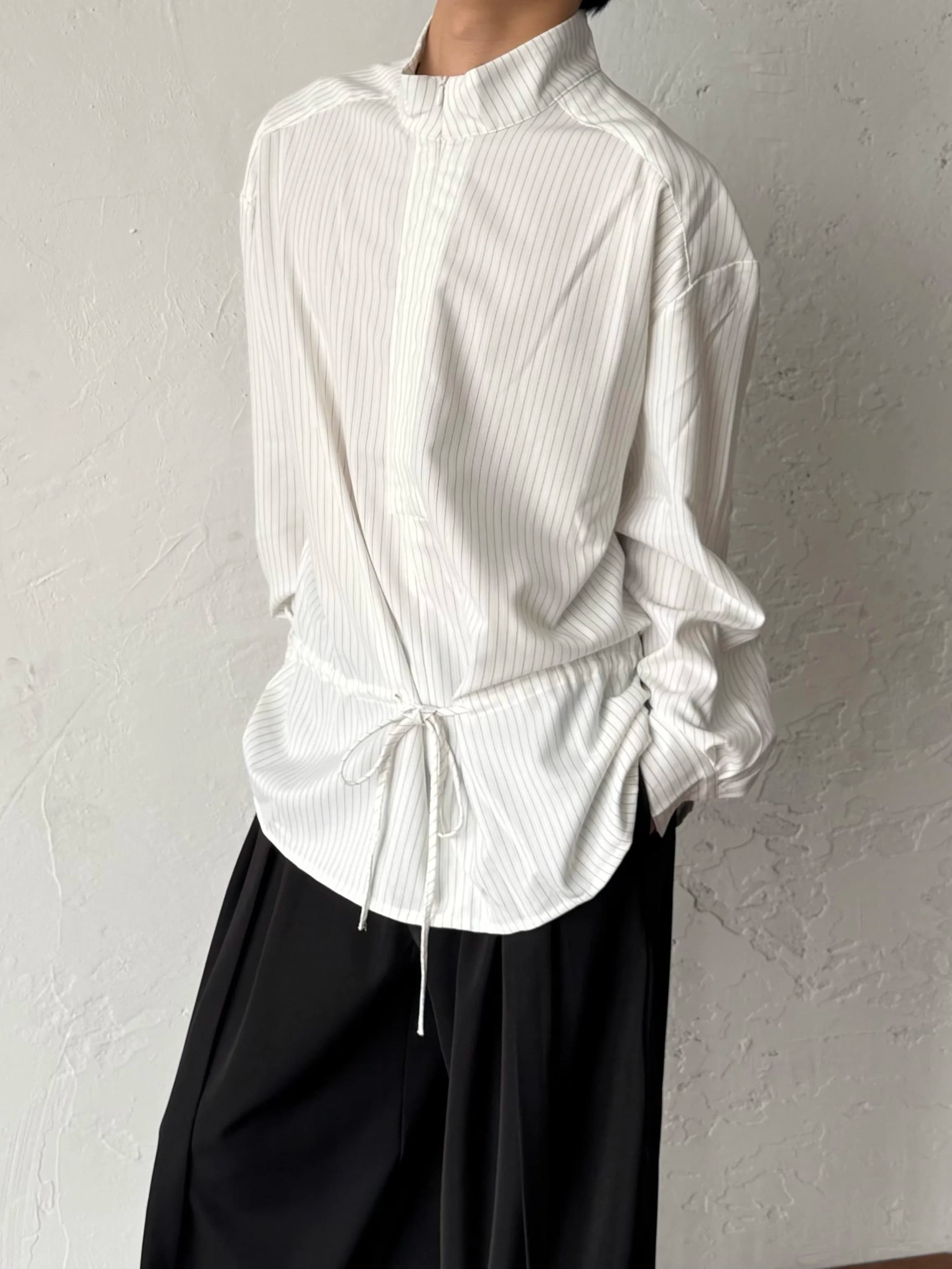 Loose Fit Striped Shirt with Zipper Adjustable Neckline Waist Belt Spring Design Casual Comfortable Breathable Men's Shirt