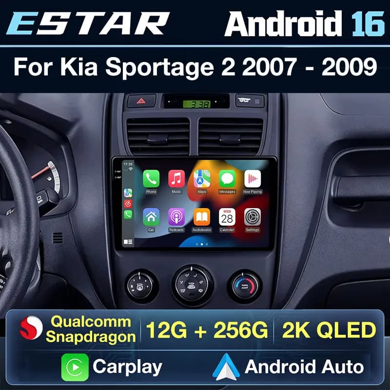 Autoradio Qualcomm Android 16 per Kia Sportage 2 2007-2009 con Wireless Carplay, Bluetooth, RDS, Navigazione GPS, Stereo, QLED e Telecamera 360