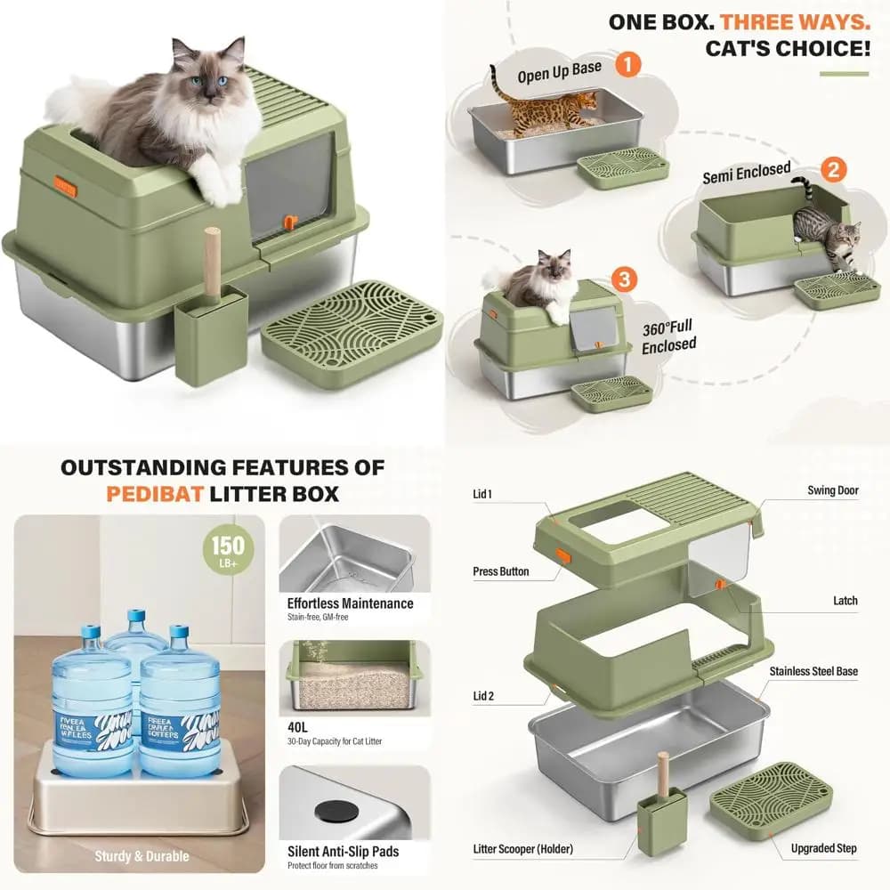 Lettiera per Gatti Extra Large in Metallo Verde con Bordi Alti e Paletta, Design Anti-Perdita