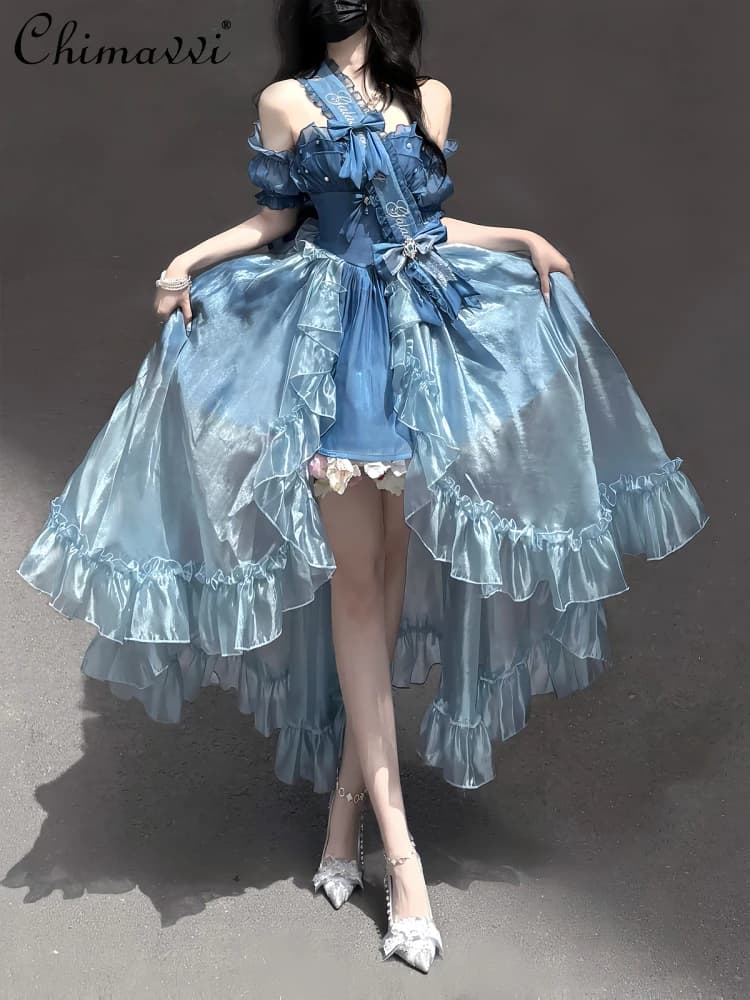 Originale Lolita Princess Abito a pendolo blu 2025 Estate Nuova dolce ragazza da donna Luce quotidiana Lo Sweet Super Fairy Puff Dress