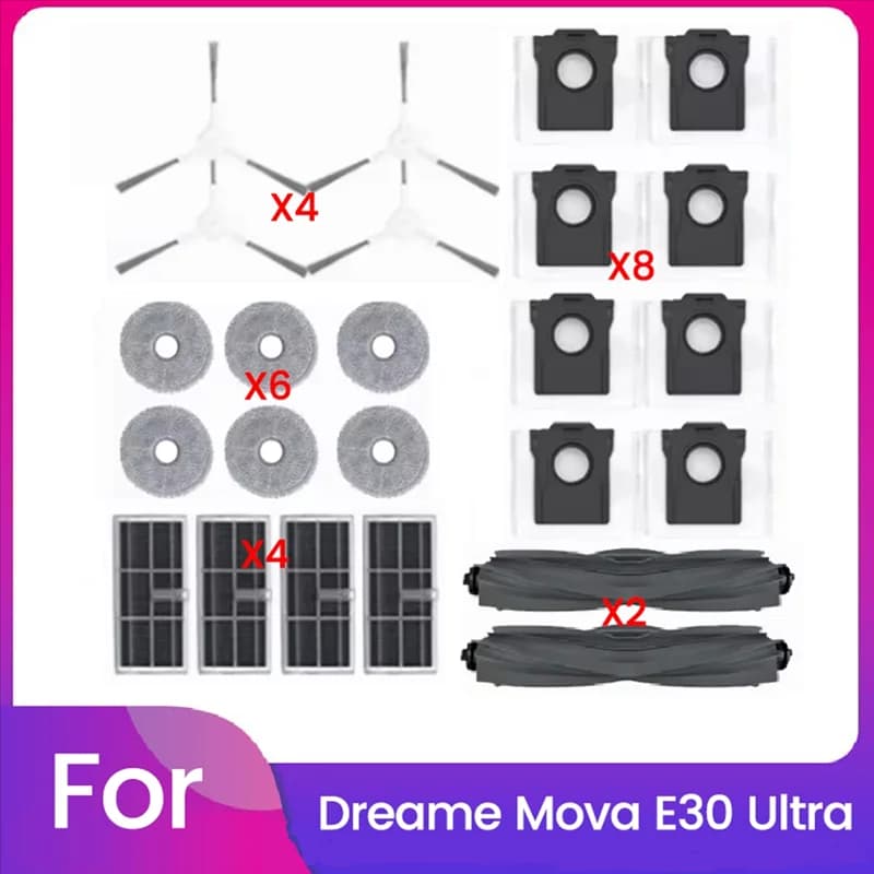 A38T-24PCS For Dreame Mova E30 Ultra Vacuum Replacement Parts Main Roller Side Brush Hepa Filter Mop Cloth Bag