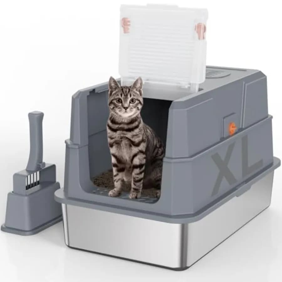 Lettiera per Gatti in Acciaio Inossidabile con Angolo di 180 Gradi ° Lettiera per Gatti XL Chiusa in Acciaio con Coperchio Ribaltabile, Facile da Pulire, con Paletta Inclusa