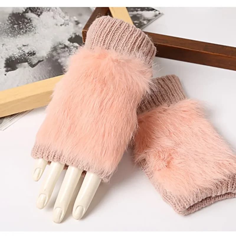 Guanti Senza Dita in Vera Pelliccia di Coniglio per Donna, Caldi Guanti Lavorati a Maglia per Autunno e Inverno, Morbidi Guanti in Peluche