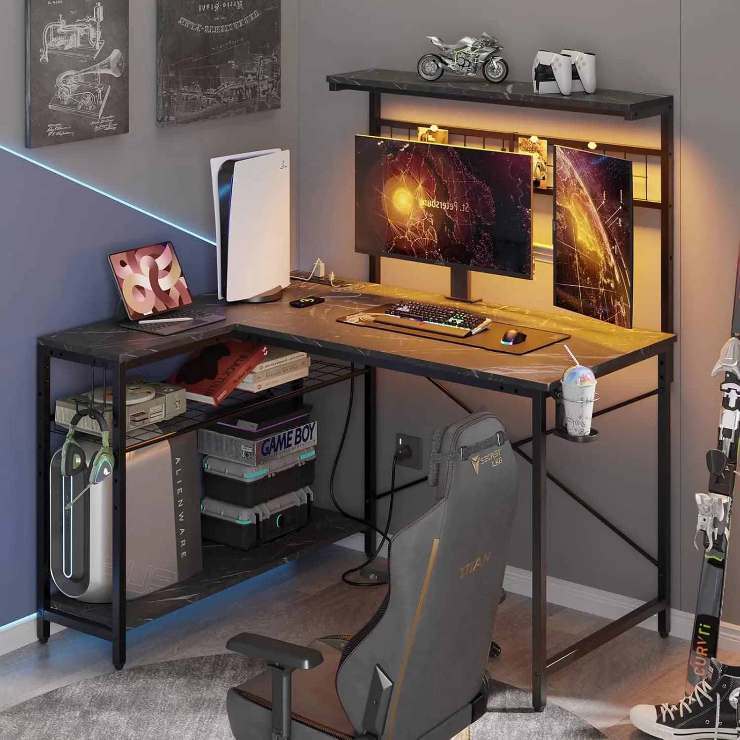 Scrivania da Gaming a L da 42 Pollici, Scrivania per Computer con Prese di Corrente e Luce LED, Scrivania Angolare Reversibile con Scaffali, per Casa, Personalizzabile