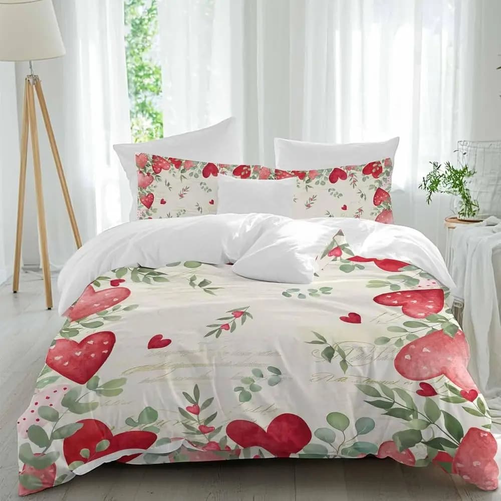 Set di Lenzuola per San Valentino, Motivo a Pois Rossi e Rosa con Cuori e Foglie in Stile Acquerello, Set Copripiumino Traspirante in 4 Pezzi
