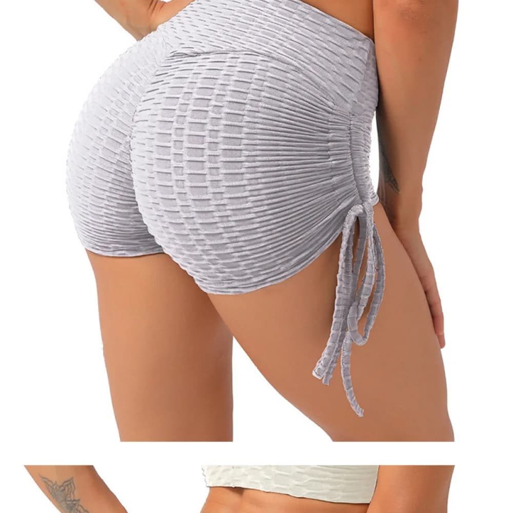 Women Yoga Shorts High Waist Bubble Texture Running Gym Fitness Sportswear Side Drawstring Slim Fit Peach Butt Summer Bottoms