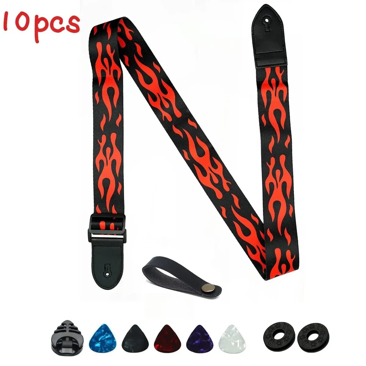Cinturino per chitarra da 10 pezzi, chitarre elettriche e basso, cinturino per chitarra nero fiamma rossa include 5 plettri per chitarra e 1 presa e 2 rondelle
