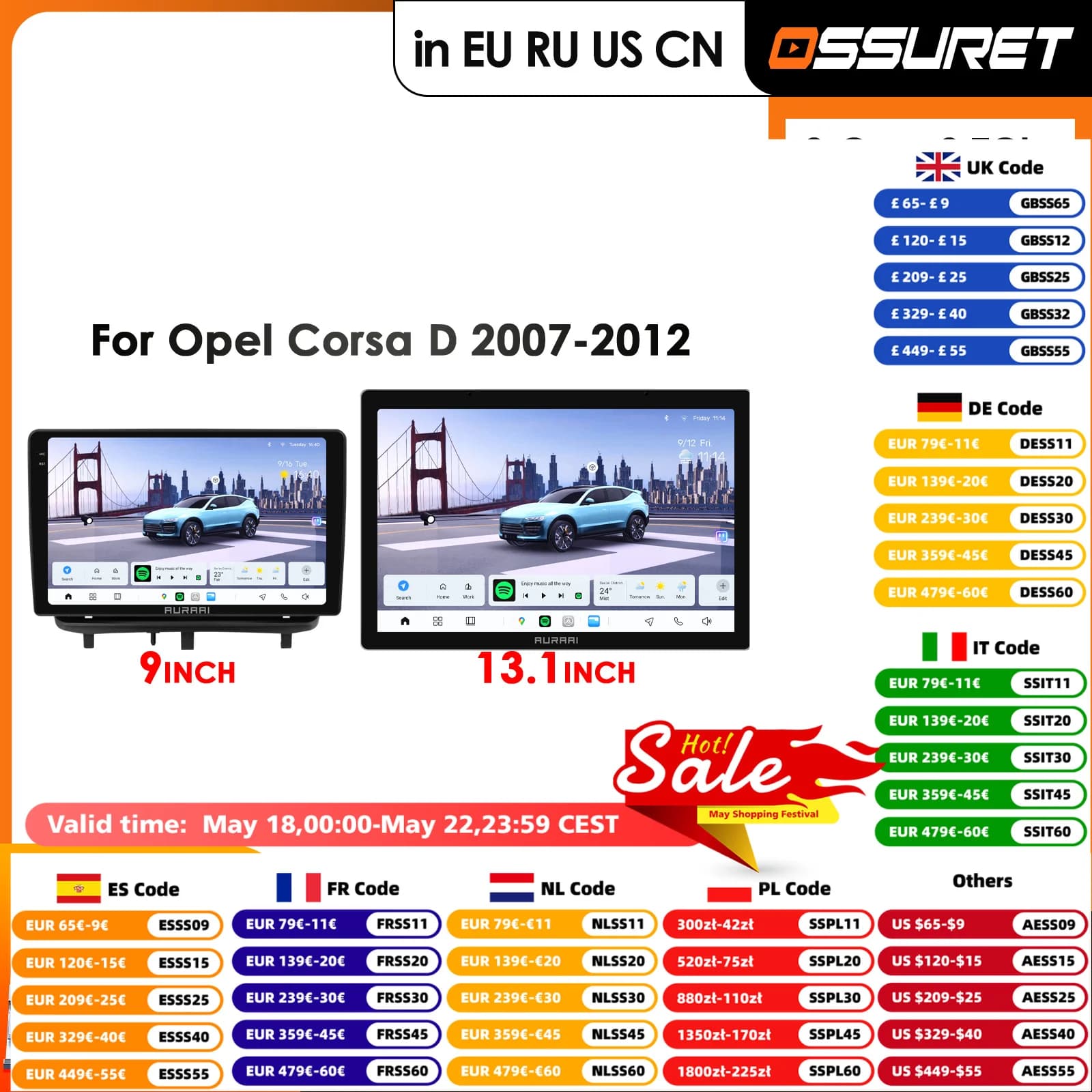 Schermo 13.1 Pollici 2K con Carplay Android per Opel Corsa D 2007-2012, Lettore Multimediale per Auto con GPS, Stereo DSD, Visione a 360° ° Telecamera ADAS