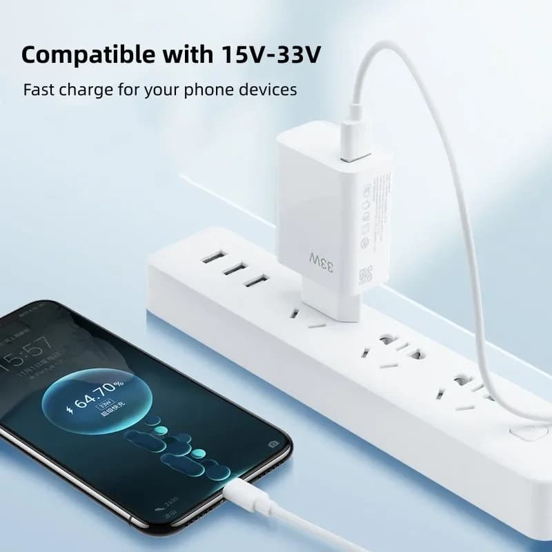 Caricatore USB 33W a ricarica rapida con cavi dati USB-C da 1m 6A per iPhone Xiaomi, adattatori da parete a ricarica rapida.
