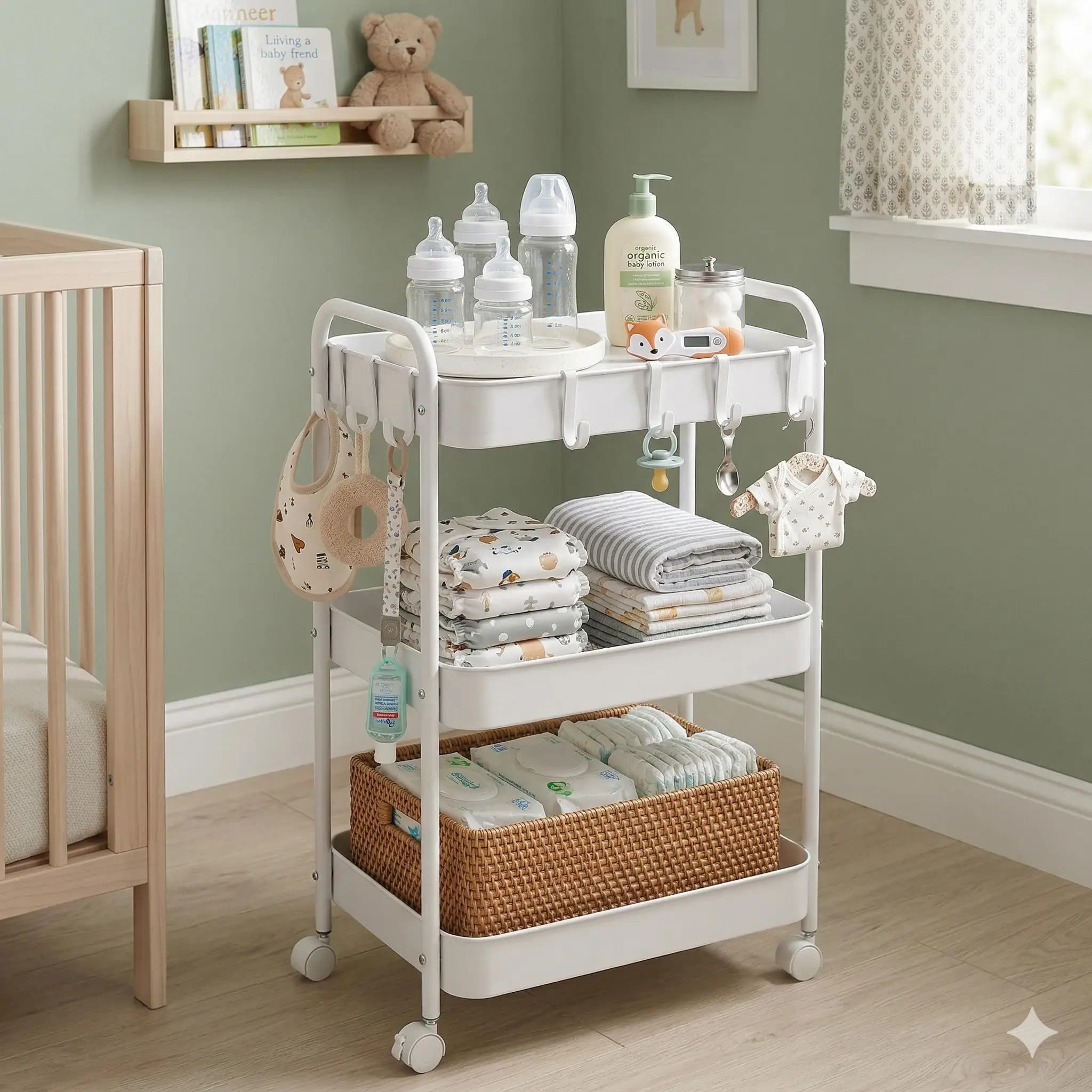 3-Tier Rolling Storage Cart Mobile Metal Utility Trolley with Handle 6 Hooks Plastic Fruit Hanger Adjustable Standing Shelf Space Saving Corner Organizer Rack for Kitchen Bathroom Small Room Organization