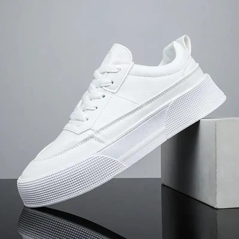 Men's White Leather Casual Sneakers 2024 Trend Platform round Toe Spring Autumn Seasonal EVA Inner Material Laced Closure