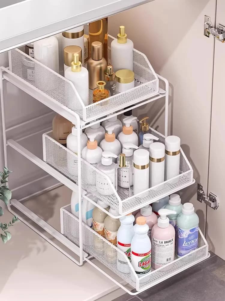 Scaffale Estraibile per Lavabo Bagno, Organizzatore Interno per Armadietto, Porta Carta Igienica, Dispenser Sapone, Porta Spazzolino e Bicchieri