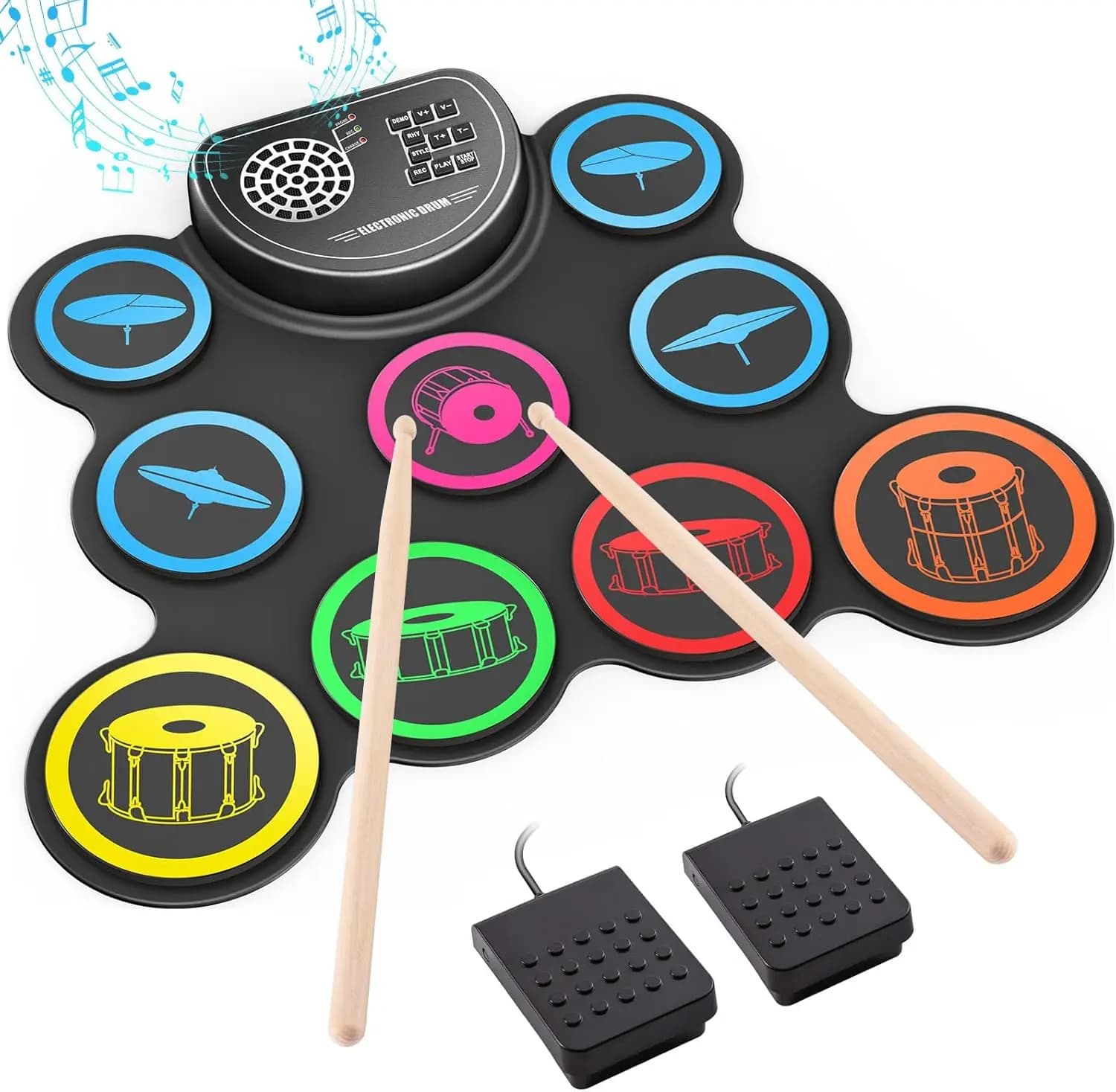 Set di batteria elettronica a 9 pad con jack per cuffie, kit da pratica arrotolabile, altoparlanti integrati, pedali, batteria da 10 ore, regalo per bambini