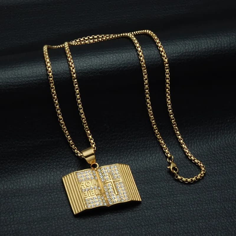Gold Iced Out Holy Bible Cross Pendant Necklace for Men Women, Cubic Zirconia Open Book Holy Scripture Stainless Steel Box Chain Necklace, Christian Religious Faith Jewelry Gift