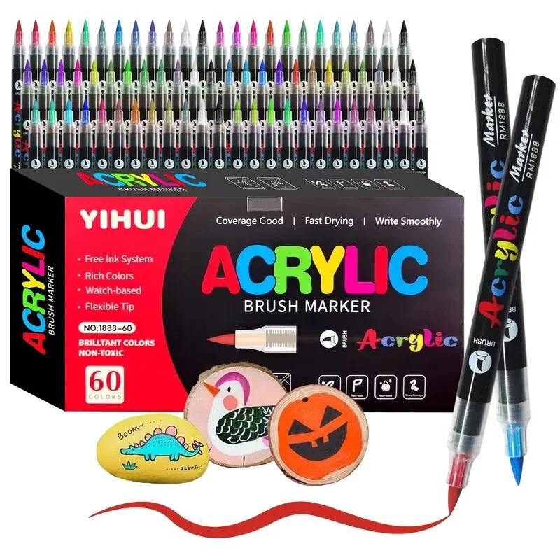 Acrylic Pens Set with Brush Point, 12-60 Colors, Artistic Materials for Painting on Rock, Wood, Canvas, Glass, Ceramic, Coloring for Adults and Fai-da- ♪