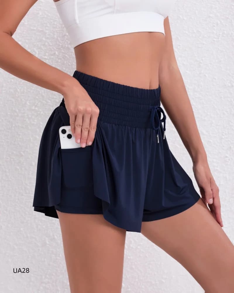 Nuovi pantaloncini sportivi eleganti 2-in-1 da donna per l'estate 2026, a vita alta con coulisse e tasche, ad asciugatura rapida, ideali per la corsa