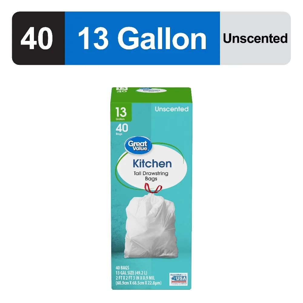 13 Gallon Tall Kitchen Drawstring Trash Bags Unscented 40 Count Roll Heavy Duty Wastebasket Liners for Home Office