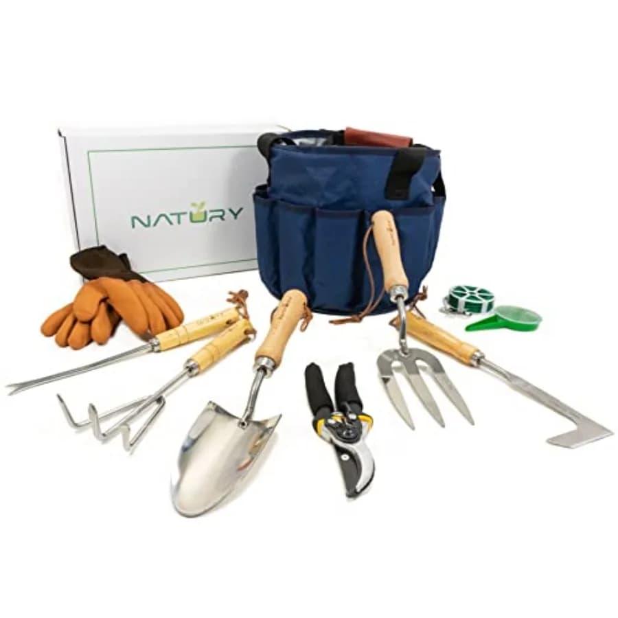 Set di Attrezzi da Giardinaggio Premium in Acciaio Inossidabile con Manici in Legno di Faggio Massiccio, Kit da Giardinaggio con Rastrello, Pala e Guanti