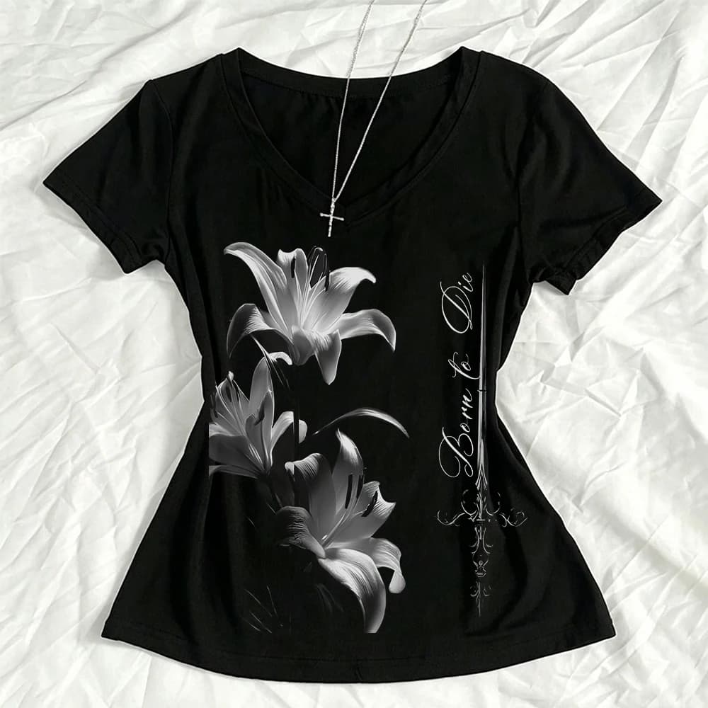 Punk Gothic Emo Girls' Tank Top 2000s crop top aesthetic retro Y2k clothes slim fit T-shirt women's floral print T-shirt