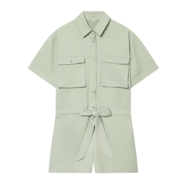 Women's Shirt Jumpsuit with Belt New 2026 Spring Summer Short Sleeve Button Pocket Solid Women Playsuit Female Bodysuits