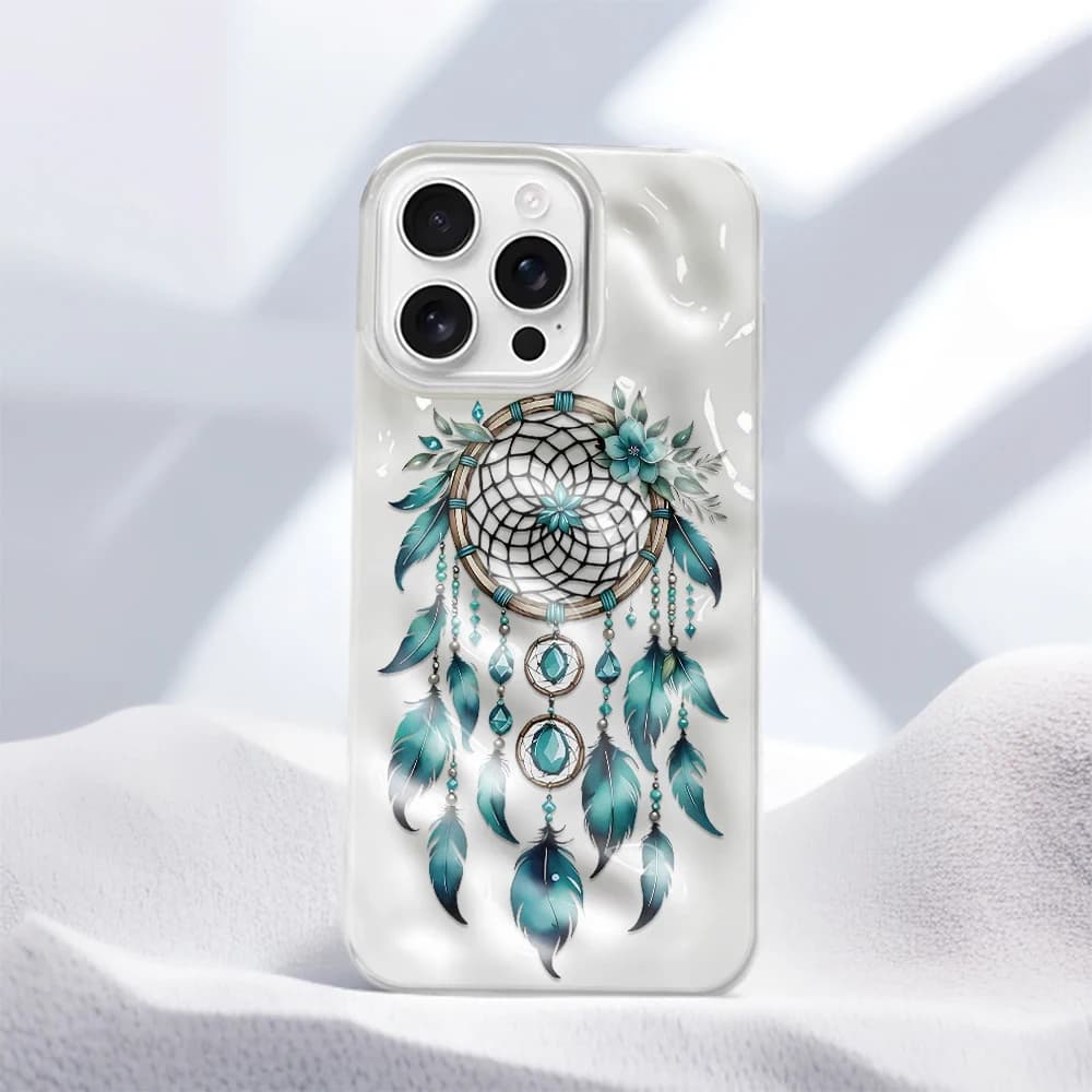 Teal Dreamcatcher Feather Shockproof TPU Soft Phone Case for iPhone 11 12 13 14 15 16 17 18 Pro Max Drop Proof Anti-Stress Case