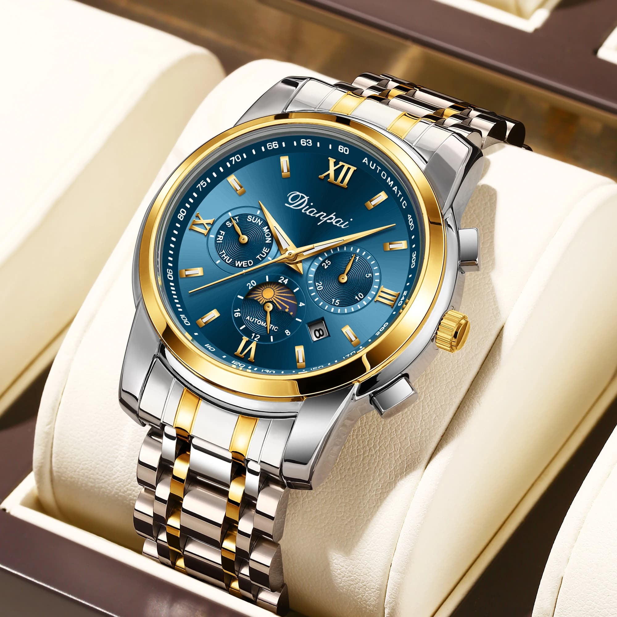 Dianpai Orologio meccanico completamente automatico da uomo multifunzionale Orologio impermeabile da uomo con calendario e luce notturna in acciaio inossidabile