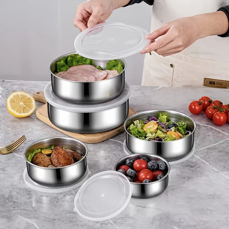 Set di 5 Contenitori per Alimenti in Acciaio Inox - Ermetici e Impilabili per Preparazione Pasti/Dispensa, Lavabili in Lavastoviglie (Uso in Cucina Commerciale)