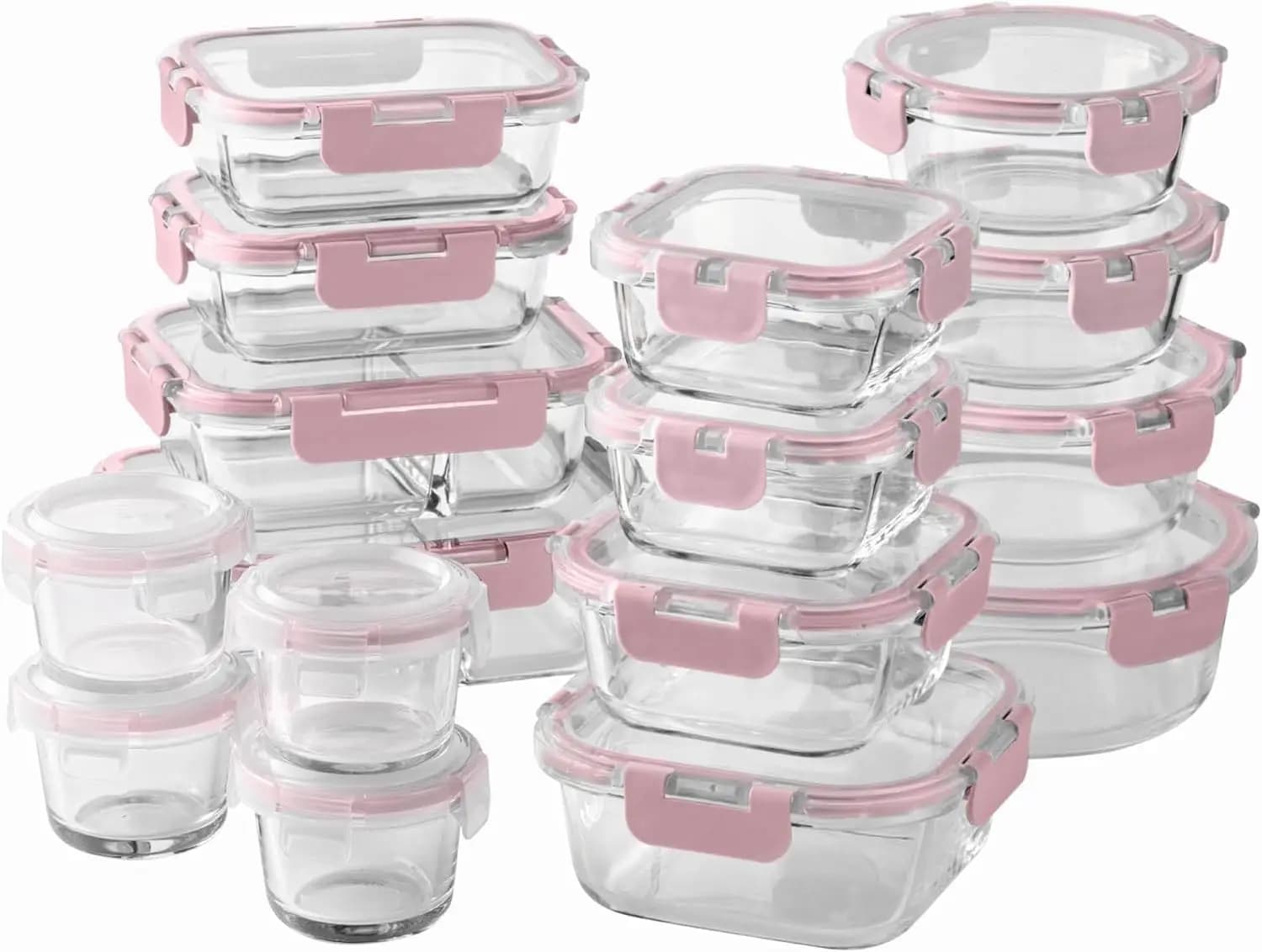 Set da 32 Pezzi Set di Contenitori per Alimenti in Vetro Borosilicato con Divisori - Preparazione Pasti, Conservazione, Rosa