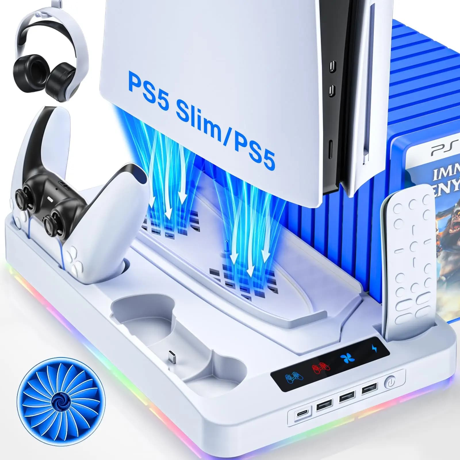 P58 RGB Supporto di raffreddamento per PS5/Slim/Pro/Disco/Console digitale Gamepad Base di ricarica Gancio per cuffie Gioco CD Rack di archiviazione Accessori