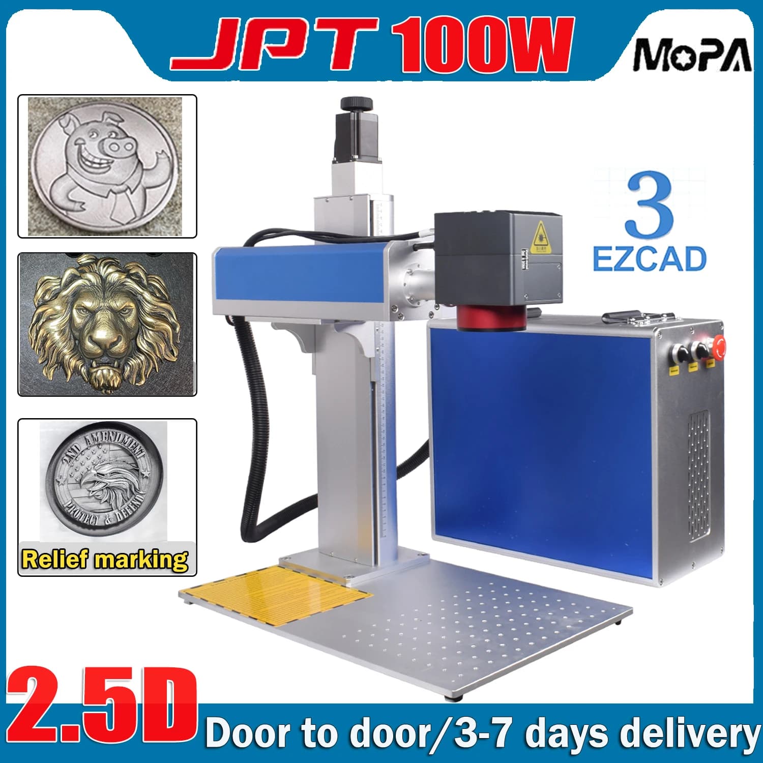 2.5D JPT MOPA 100W M7 Ezcad3.0 110x110mm + 300x300mm Embossed Laser Engraver Fiber Laser Marking Machine