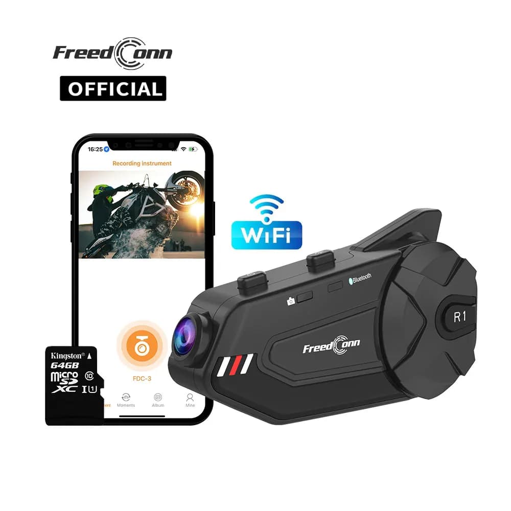 Freedconn R1Plus Bluetooth Intercom for Motorcycle Helmet Headset Wifi APP Speaker Intercom for Motorcycle Motor Dash Cam Dvr