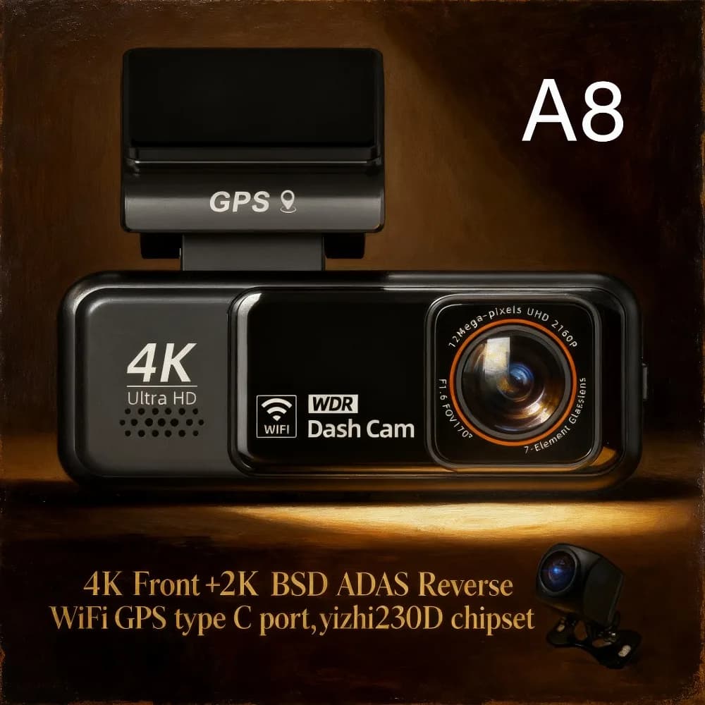 Dash Cam A8 4K Anteriore e Posteriore con Schermo IPS da 3.2 Pollici, WIFI, DVR a Specchio con Monitoraggio Parcheggio 24H, Registrazione in Loop e ADAS