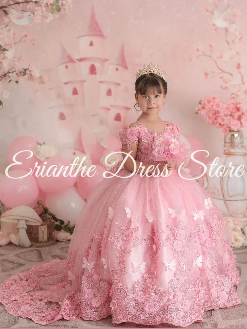 Abito Elegante Personalizzato per Damigella d'Onore Rosa con Tulle e Applicazioni in Pizzo per Matrimonio, Compleanno Bambina, Prima Comunione, Abiti da Ballo
