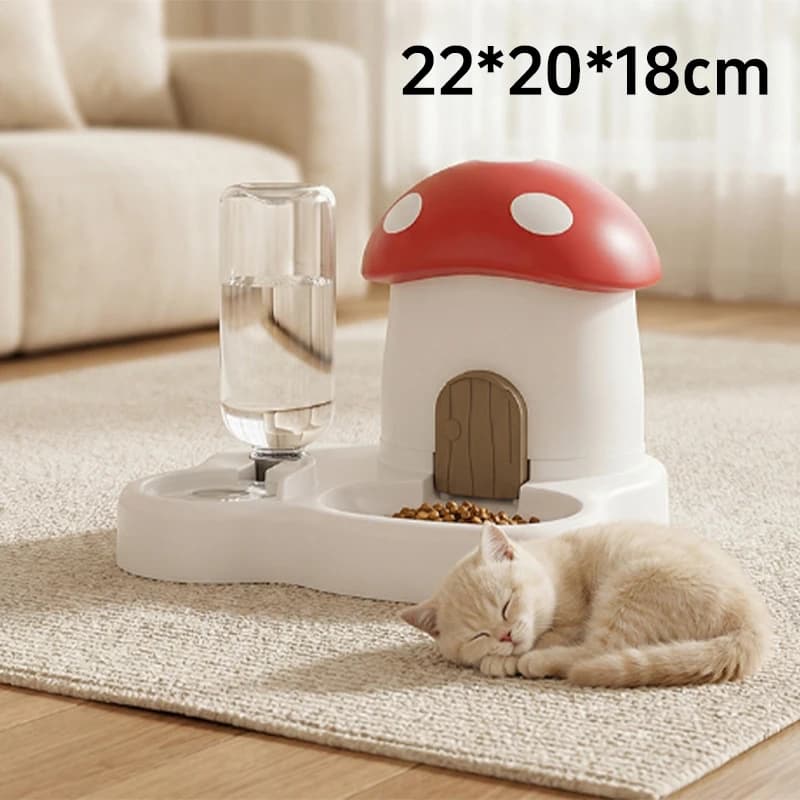 Mushroom House Automatic Pet Feeder 2-in-1 Cat Dog Food & Water Dispenser with Dual Bowls Anti-Spill Non-Slip Feeding Station