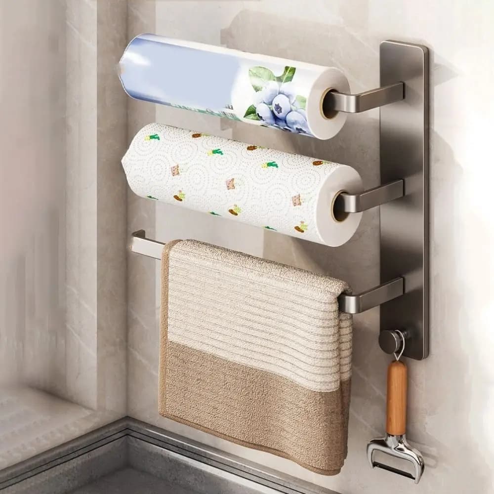 Porta Rotolo di Carta in Acciaio al Carbonio da Parete Salvaspazio, Porta Pellicola Alimentare, Porta Asciugamani Senza Foratura, Scaffale per Armadietto