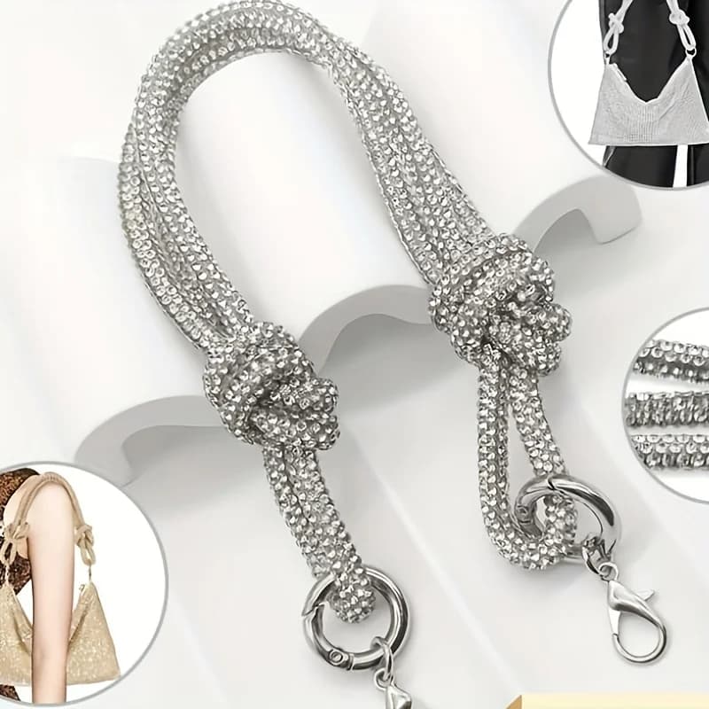 Tracolla a catena per borsa in argento, staccabile, con anelli e strass, stile nodo, 1 pezzo