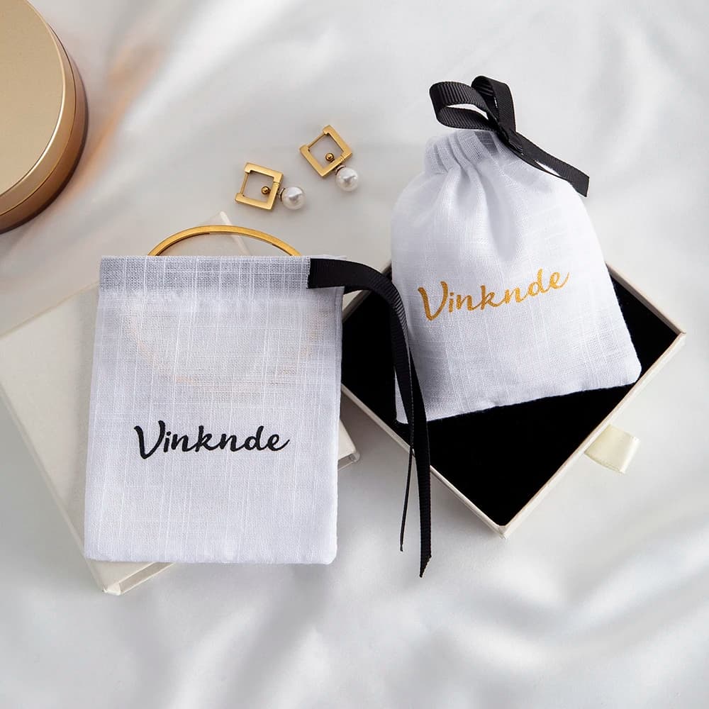 50pcs/Lot Custom Logo White Thin Cotton Jewelry Packaging Ribbon Bag Canvas Drawstring Pouch Black Grosgrain Rope Gift Wedding