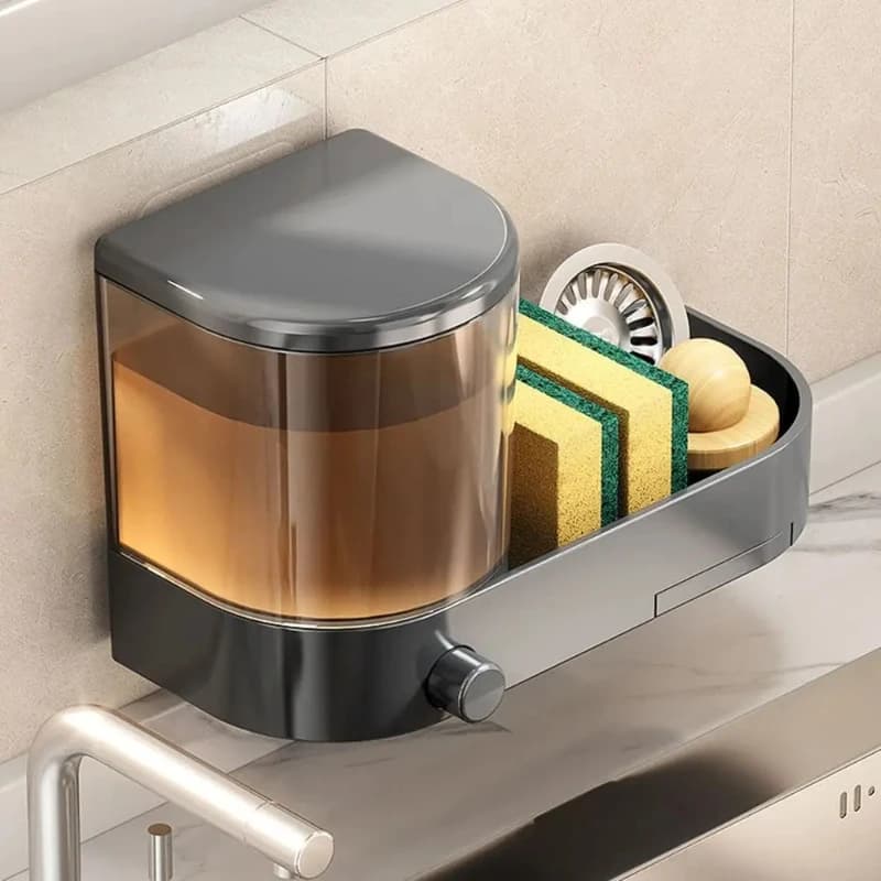 Wall-mounted soap dispenser with sponge tray and drain pan, large-capacity hand sanitizer container, space-saving design