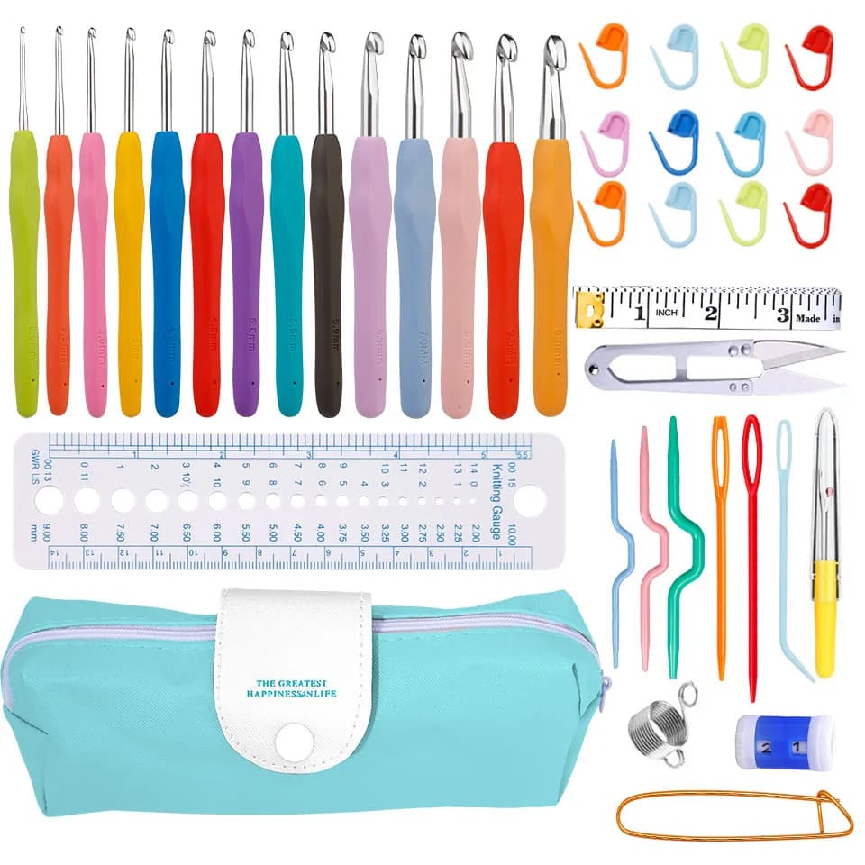 IMZAY Colorful Rubber Handle Knitting Needles Kit With Sewing Clips Plastic Needles Staniless Steel Scissors Crochet Hooks Set