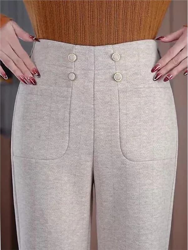 High-End Fleece Lined Tweed Pants for Women Autumn Winter Thickened Mom Jeans High Waist Straight Leg Casual Trousers