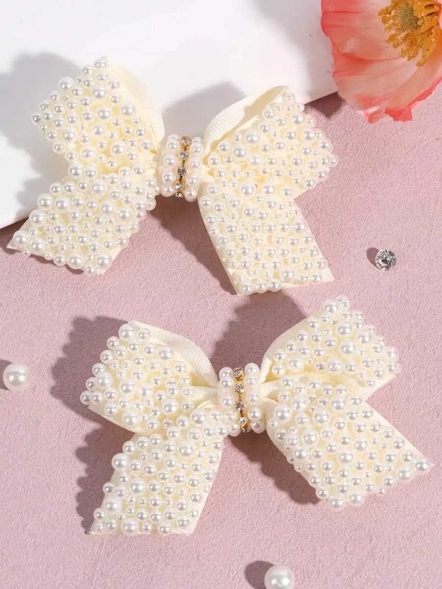 2pcs Pearl Bow Hair Clips, Cream Alligator Clips, Suitable For Girls And Teens, Suitable As Party Gifts And Daily Wear