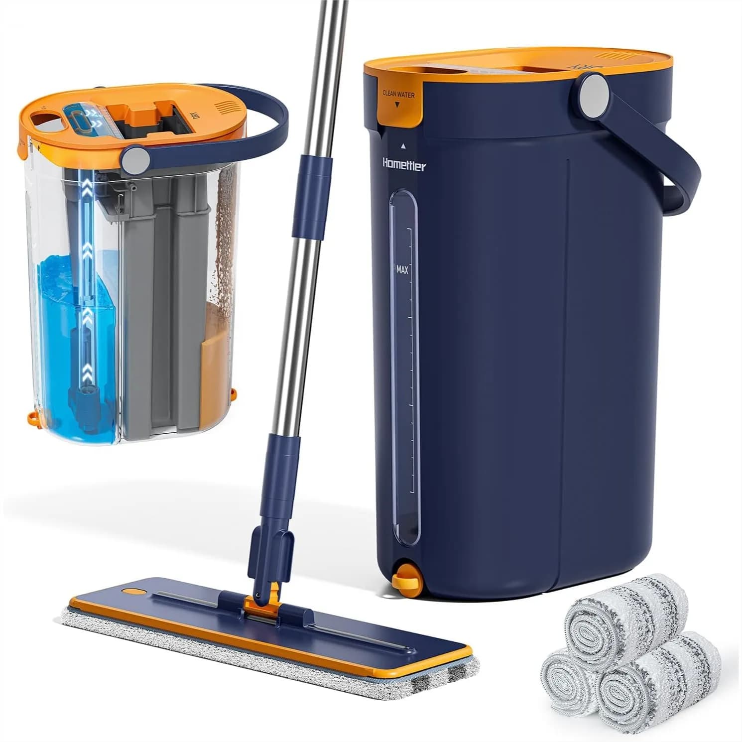 3-Tank Mop and Bucket Set with Wringer, Flat Mop System for Floor Cleaning with 4 Microfiber Pads, Hands Free Mop for Hardwood