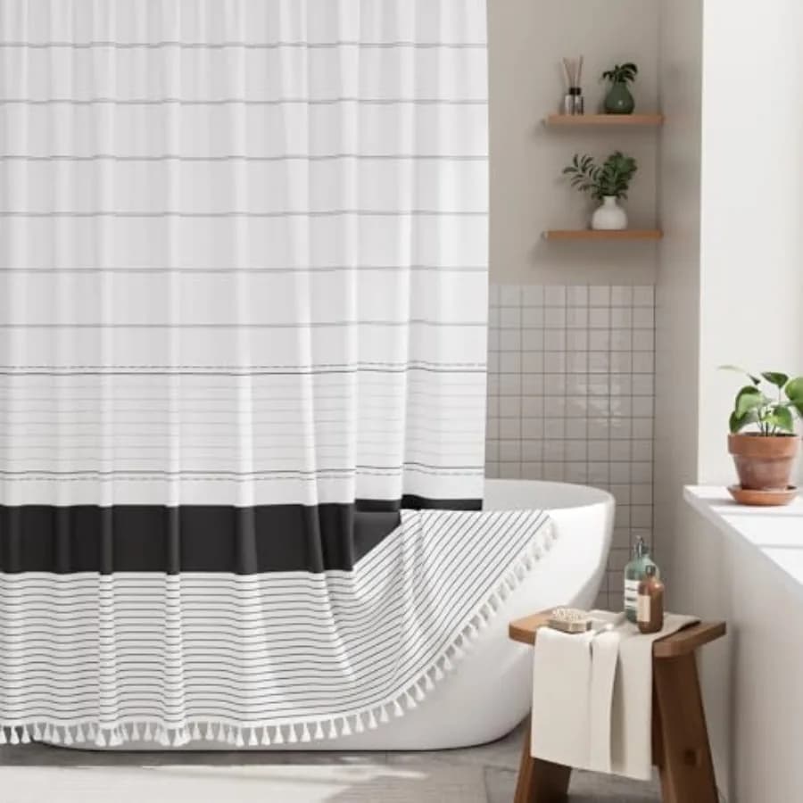 Boho Shower Curtain Set, Rustic Faux Linen Black Striped Shower Curtain with Hooks, Modern Farmhouse Shower Curtain with Tassel