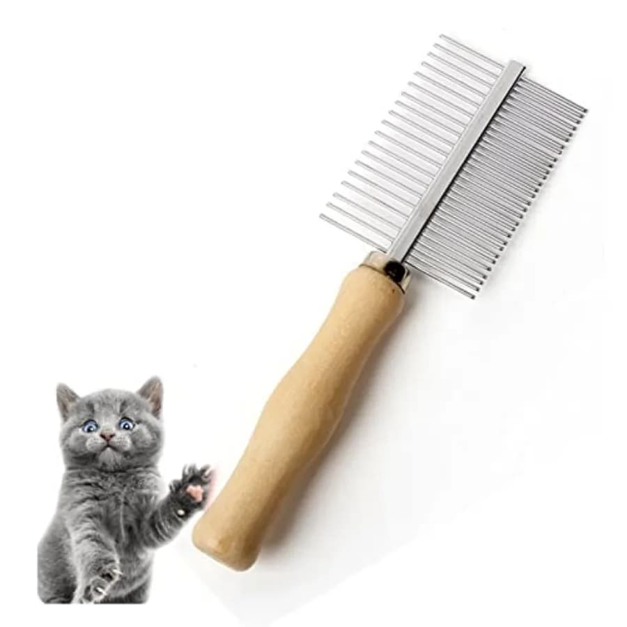 Pettine per Cani e Gatti, Spazzola a Doppia Faccia per Toelettatura, Pettine in Metallo per Sciogliere Nodi, Rimuovere Nodi, Detriti e Grovigli, Manico in Legno, Taglia S