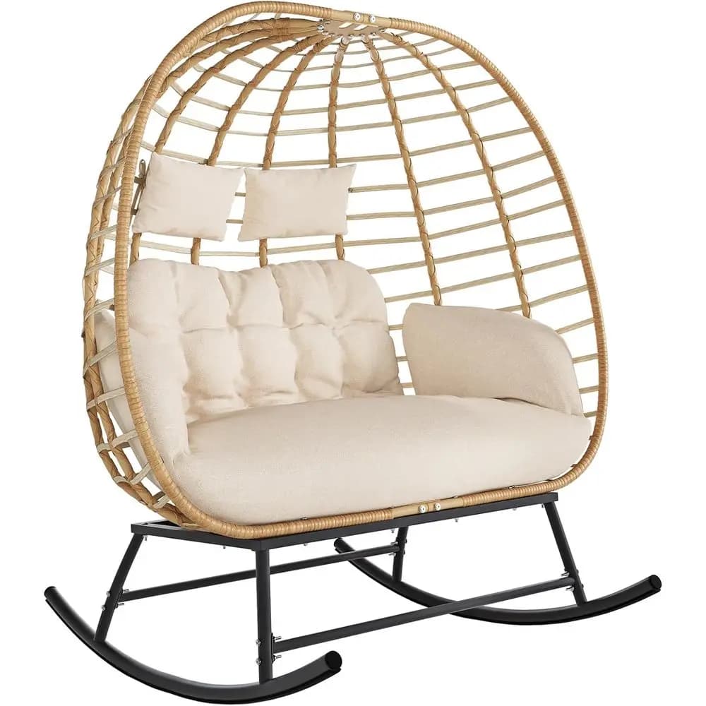 Sedia a dondolo a forma di uovo in vimini, oversize, per 2 persone, con cuscini, adatta per uso esterno ed interno, fino a 680 libbre, beige